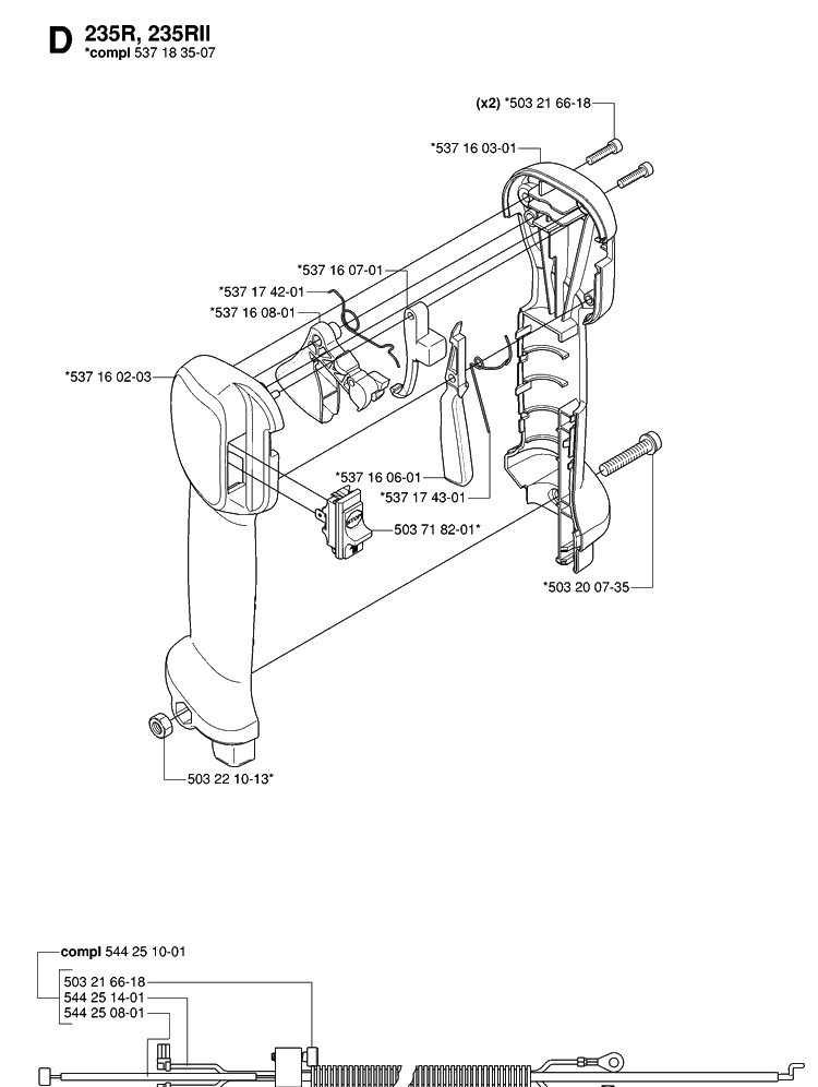 Handle And Controls 2 Diagram and Parts List for 232R 20061400001-20144900000 Husqvarna Brush Cutter