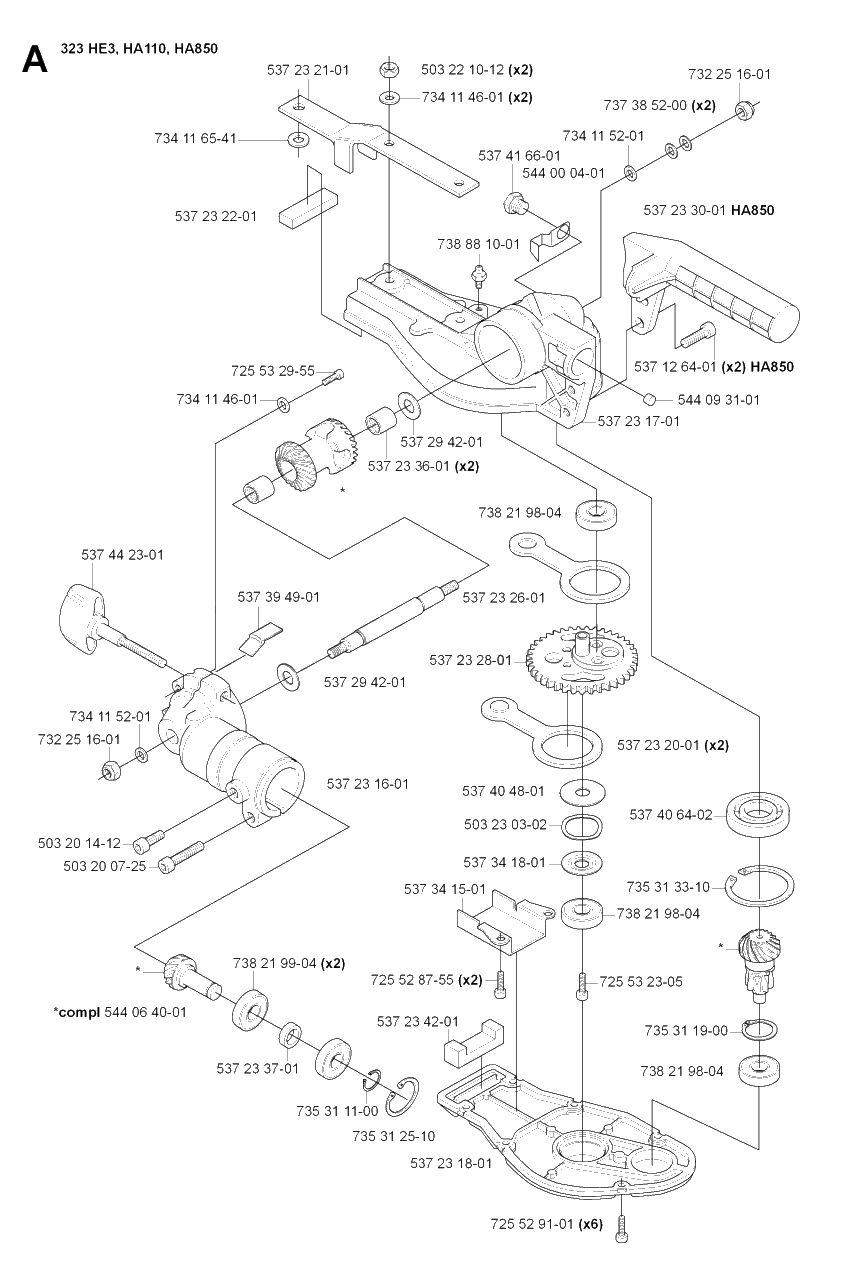 Gear Housing Diagram and Parts List for HA850 20090900001 & Above Husqvarna Trimmer