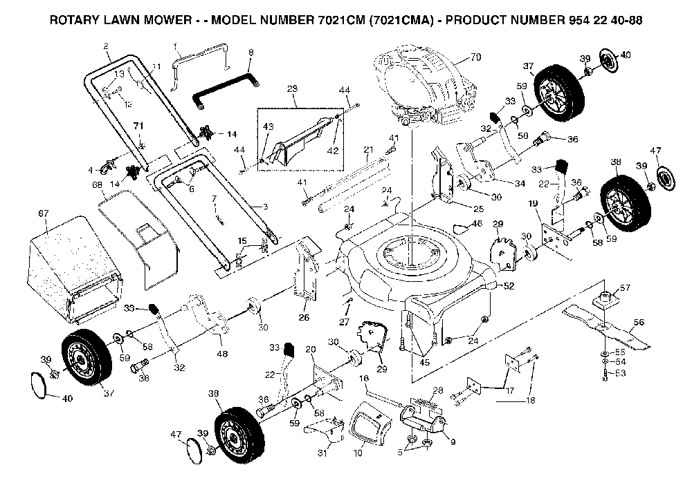 Product Complete Diagram and Parts List for 7021CMA (954224088)(2003-11) Husqvarna Lawn Mower