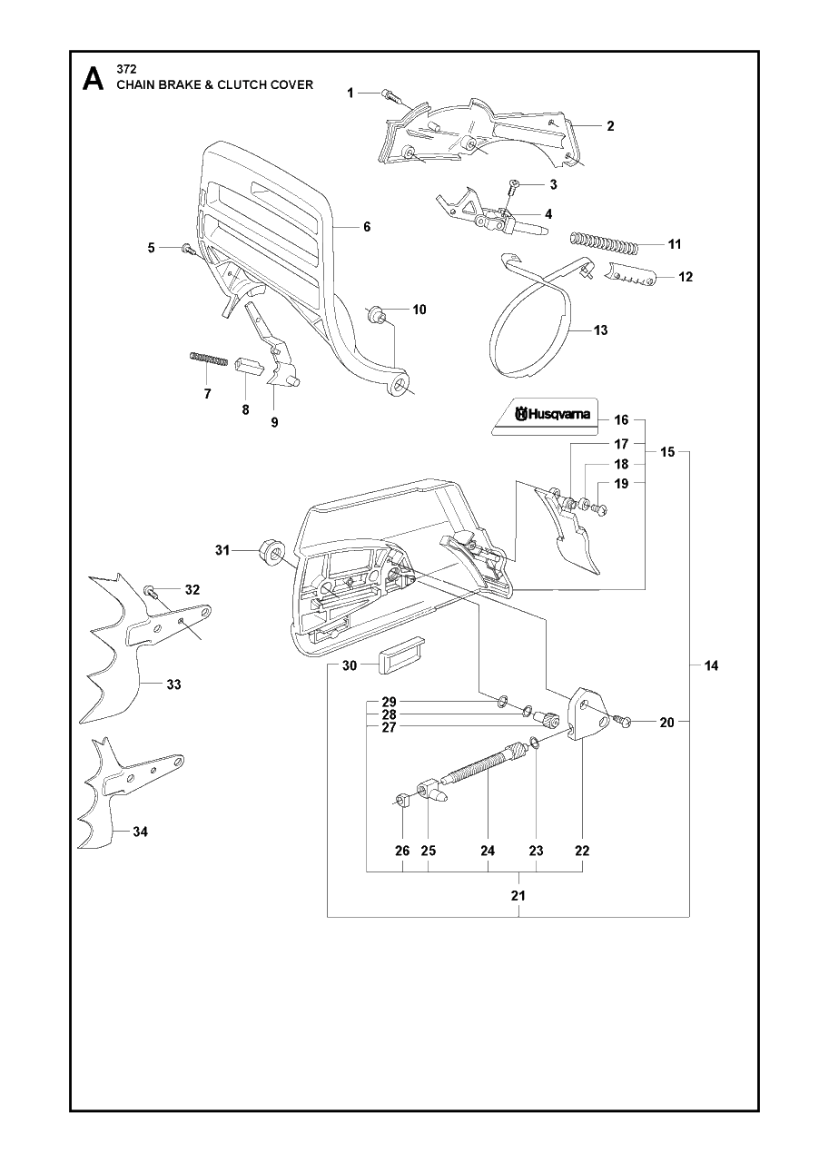 Chain Brake And Clutch Cover Diagram and Parts List for 372XP-XPG 20111800001 & Above Husqvarna Chainsaw
