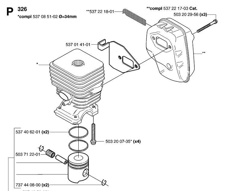 Cylinder, Piston And Muffler 2 Diagram and Parts List for 323R 20070100001-20144900000 Husqvarna Brush Cutter