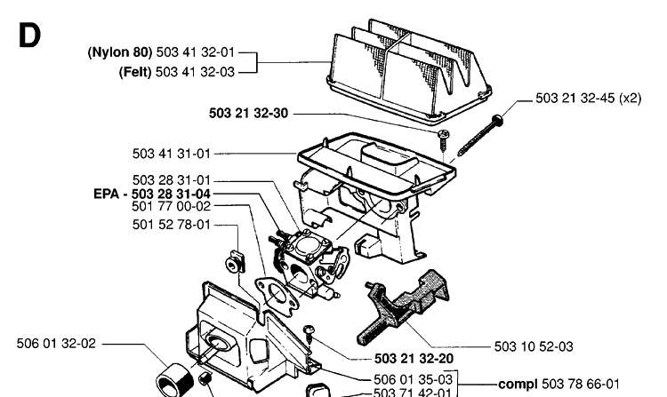 Carburetor And Air Filter Diagram and Parts List for 49 19981800001-20013499999 Husqvarna Chainsaw