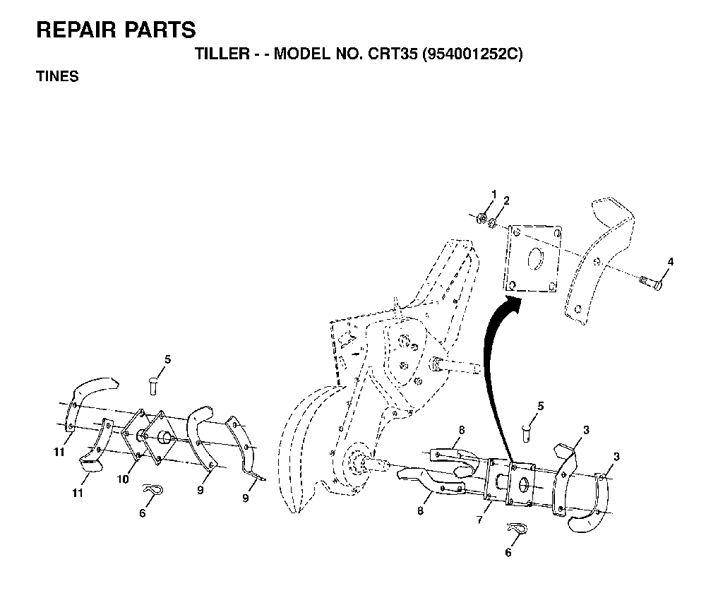 Tine Assembly Diagram and Parts List for CRT35 (954001252C)(1995-10) Husqvarna Tiller