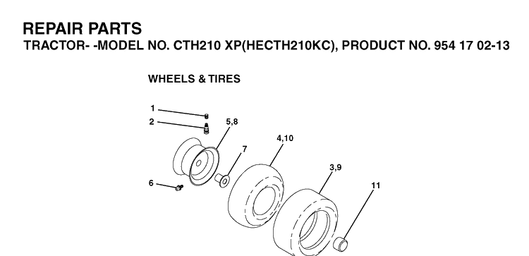 Wheels And Tires Diagram and Parts List for CTH210XP (HECTH210KC)(2004-06) Husqvarna Lawn Tractor