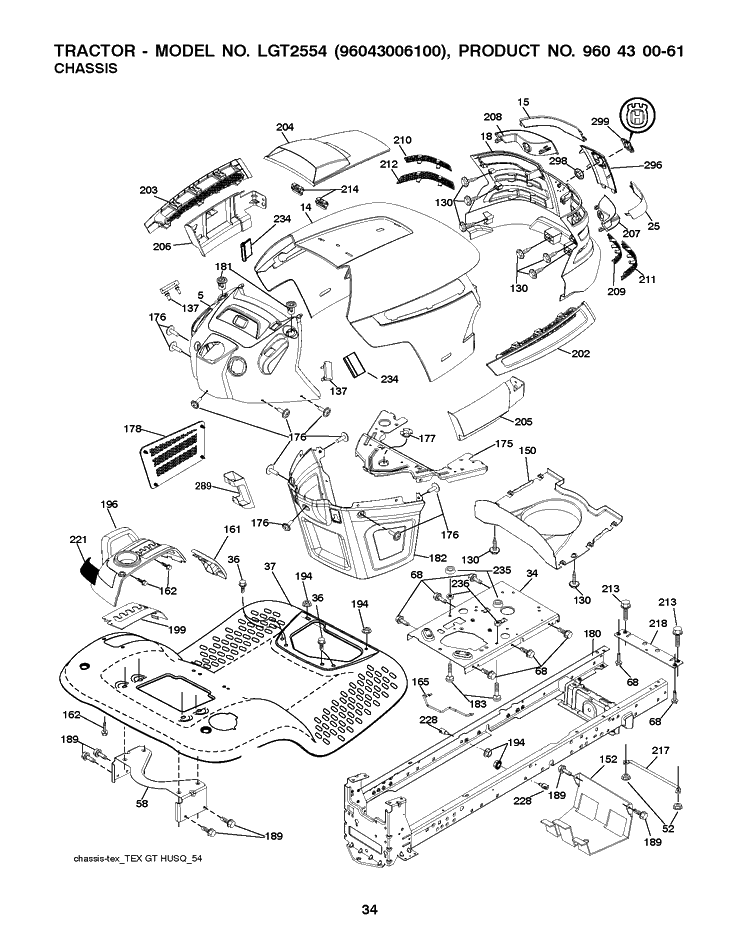 Chassis / Frame Diagram and Parts List for LGT2554 2008-12 Husqvarna Lawn Tractor
