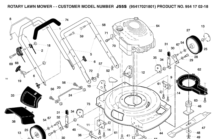Frame And Engine Diagram and Parts List for J55S (9541702-18)(2004-01) Husqvarna Lawn Mower