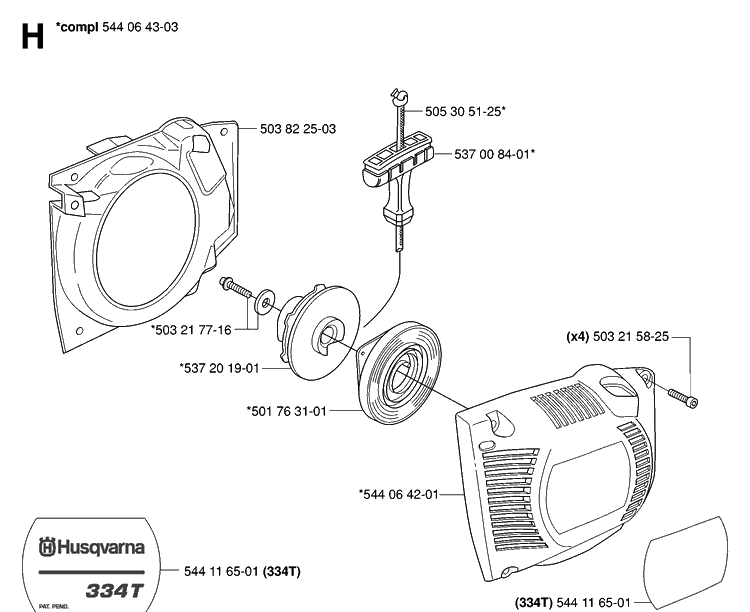 Starter Diagram and Parts List for 334T 20063600001-Current Husqvarna Chainsaw
