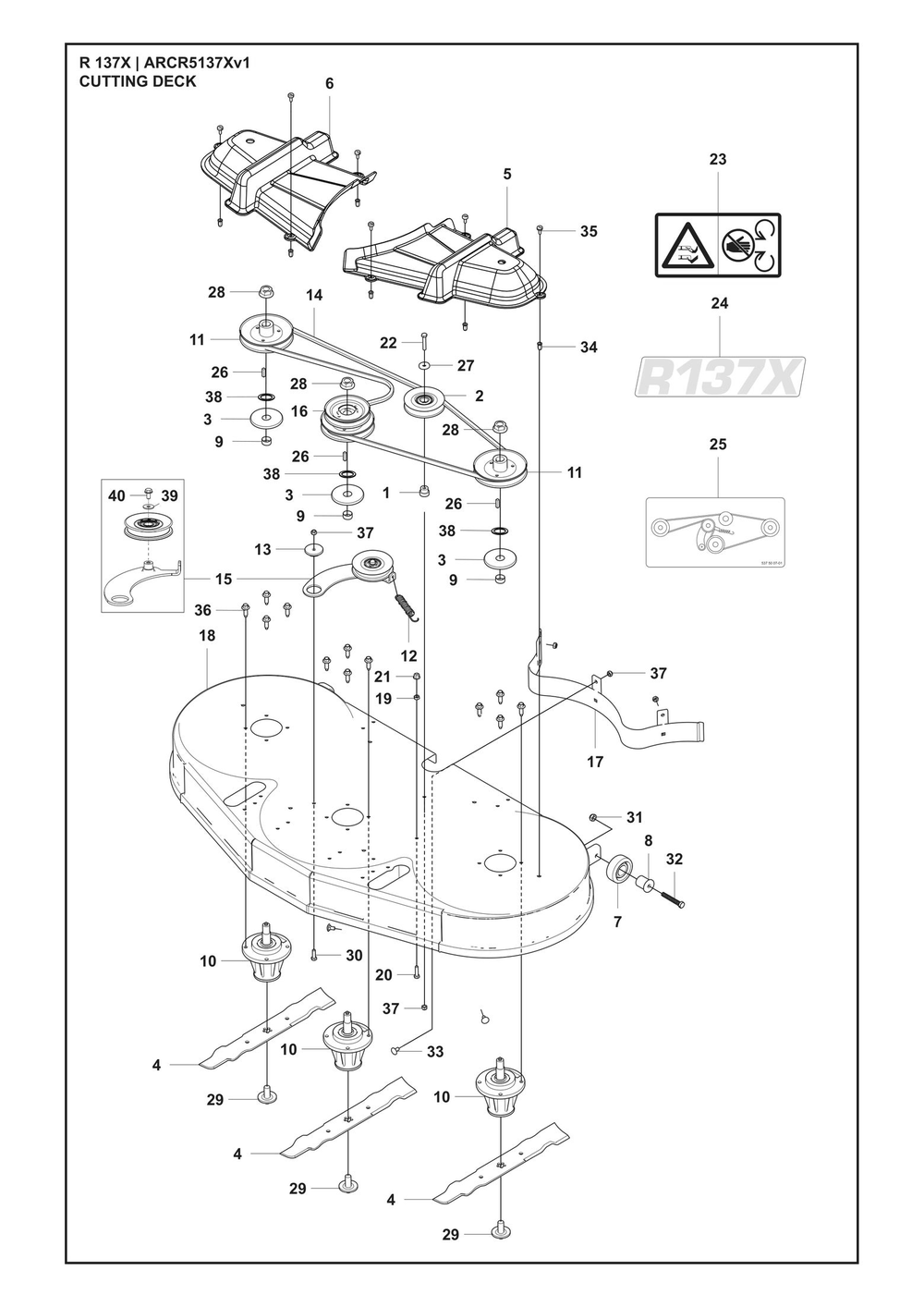 Mower Deck / Cutting Deck Diagram and Parts List for R137X ARCR5137Xv1 Husqvarna Lawn Tractor Accessories