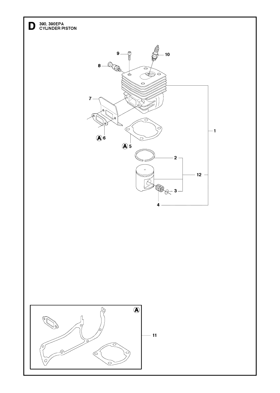Cylinder Piston Diagram and Parts List for 390XP-XPG-XPW (EPA)(20101800001 - 20111800000) Husqvarna Chainsaw