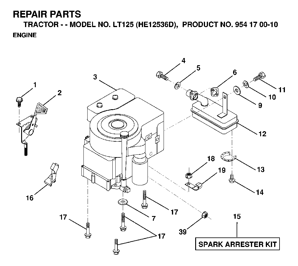 Engine And Cutting Equipment Diagram and Parts List for LT125 (HE12536D, 954170010)(1998-12) Husqvarna Lawn Tractor