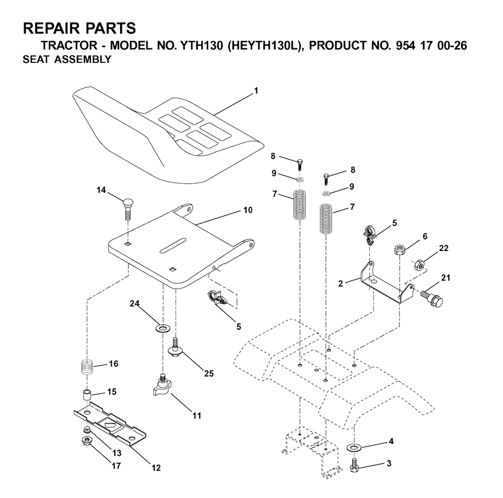 Seat Diagram and Parts List for YTH130 (954170026-L)(2001-09) Husqvarna Lawn Tractor
