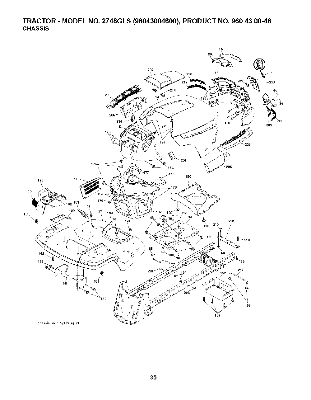 Chassis / Frame Diagram and Parts List for 2748GLS (96043004600)(2008-01) Husqvarna Lawn Tractor