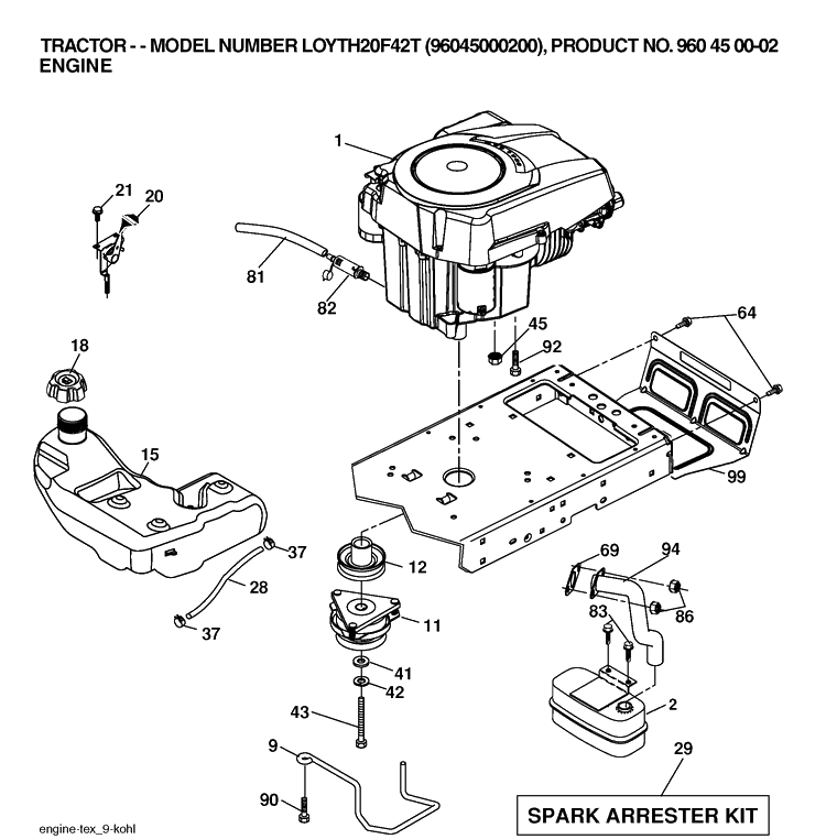 Engine Diagram and Parts List for LOYTH20F42T (96045000200)(2006) Husqvarna Lawn Tractor