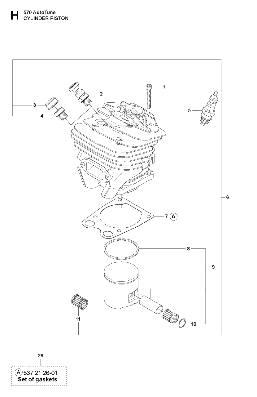 Cylinder Piston Diagram and Parts List for 570AUTOTUNE 20104500001 - 20130900000 Husqvarna Chainsaw