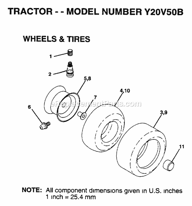 Wheels And Tires Diagram and Parts List for Y20V50B 1995 Husqvarna Lawn Tractor