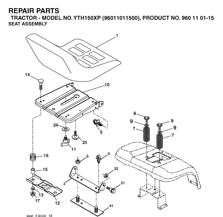 Seat Diagram and Parts List for YTH150XP (96011011500)(2006-01) Husqvarna Lawn Tractor