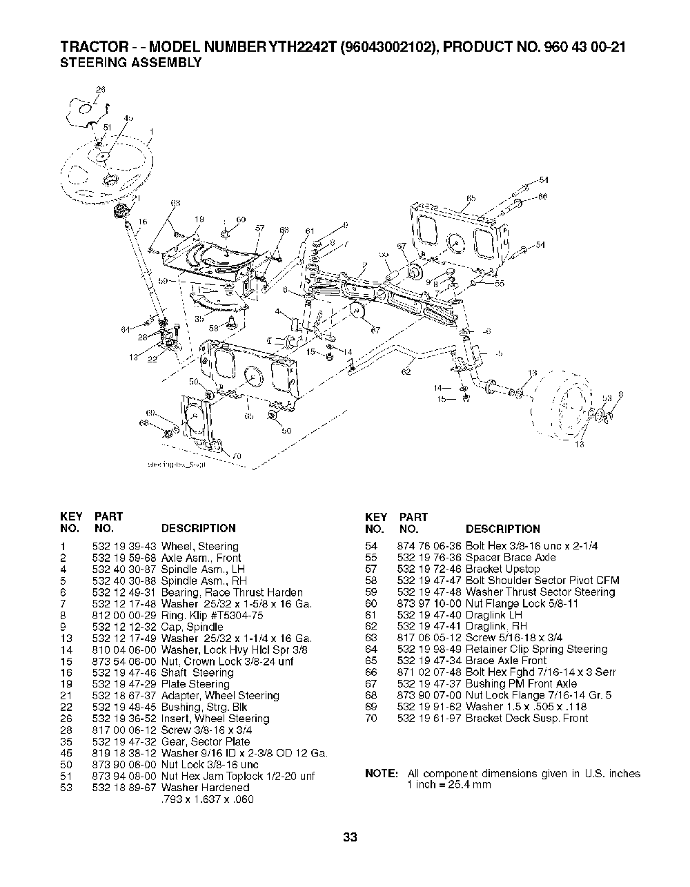 Steering Diagram and Parts List for YTH2242T96043002102 2008-01 Husqvarna Lawn Tractor
