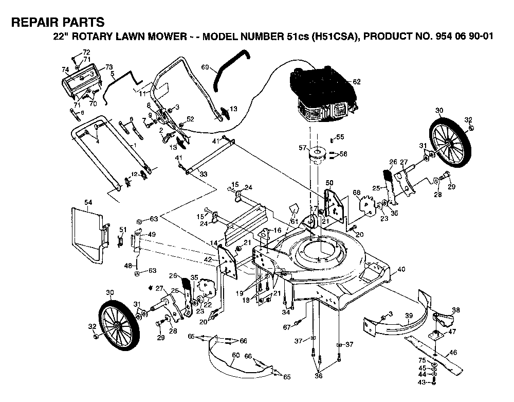 Repair Parts Diagram and Parts List for 56CS (H56CSA, 954069001)(1994-01) Husqvarna Lawn Mower