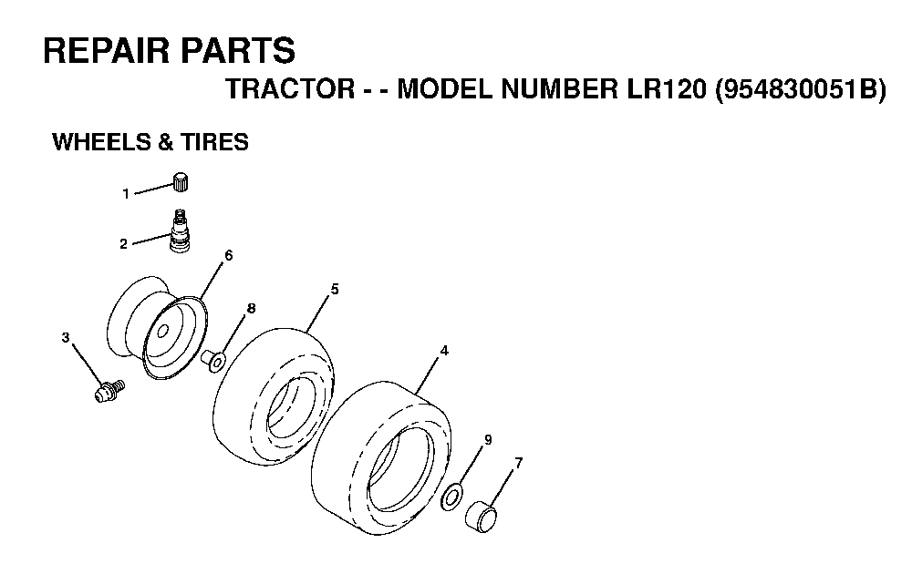 Wheels And Tires Diagram and Parts List for LR120 (954830051B)(1996-05) Husqvarna Lawn Tractor