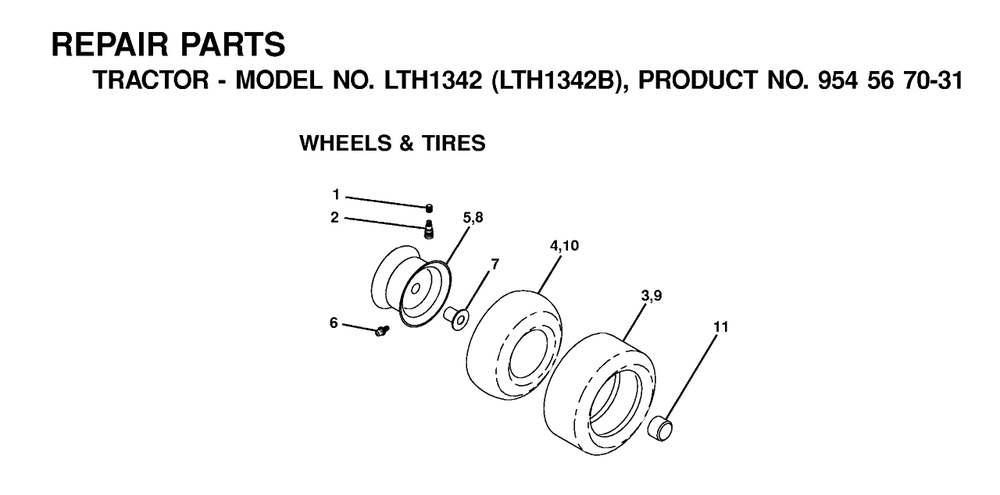Wheels And Tires Diagram and Parts List for LTH1342 (954567031-B)(2000-12) Husqvarna Lawn Tractor