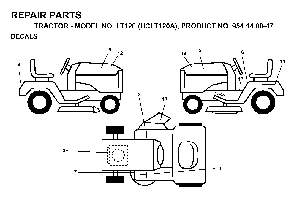 Decals Diagram and Parts List for LT120 (HCLT120A, 954140047)(1998-01) Husqvarna Lawn Tractor