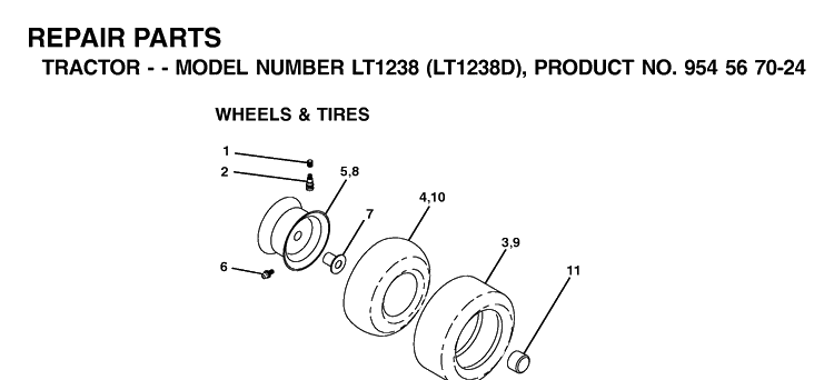 Wheels And Tires Diagram and Parts List for LT1238-LT1238D 2002-02 Husqvarna Lawn Tractor