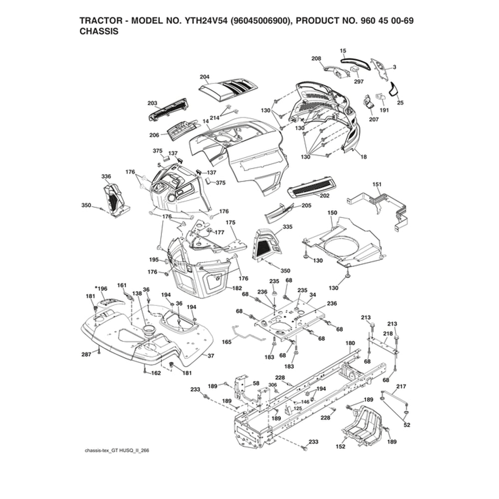 Chassis Diagram and Parts List for 96045006900  Husqvarna Lawn Tractor