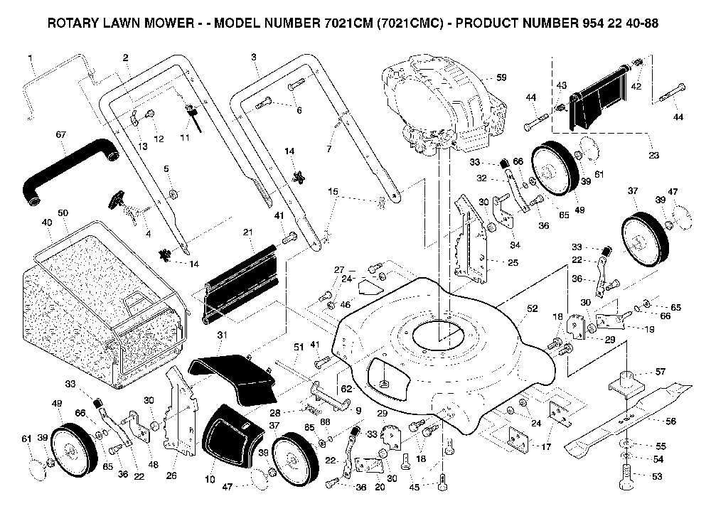 Product Complete Diagram and Parts List for 7021CMC (954224088)(2004-09) Husqvarna Lawn Mower