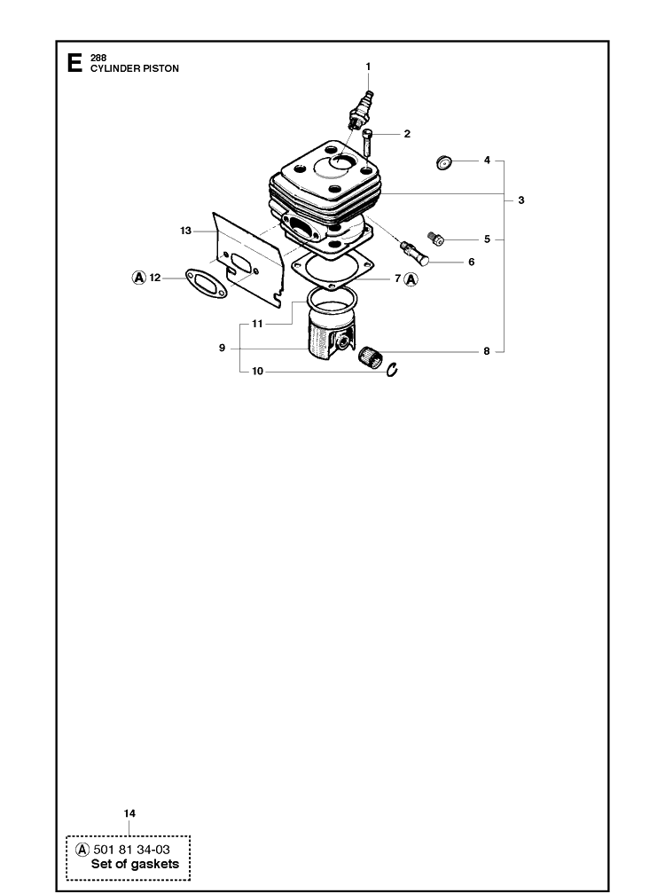 Cylinder Piston Diagram and Parts List for 288XP  Husqvarna Chainsaw