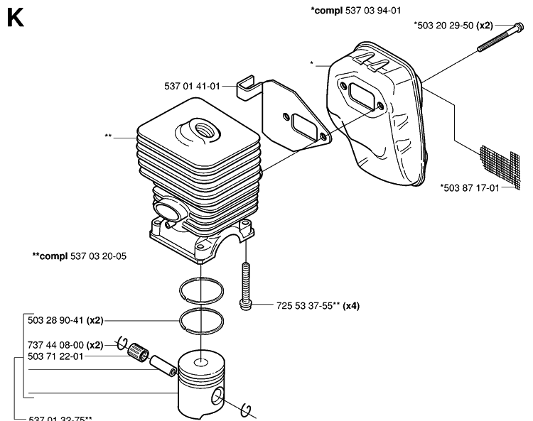 Cylinder, Piston And Muffler Diagram and Parts List for 323HE3 20050600001-20053600000 Husqvarna Hedge Trimmer