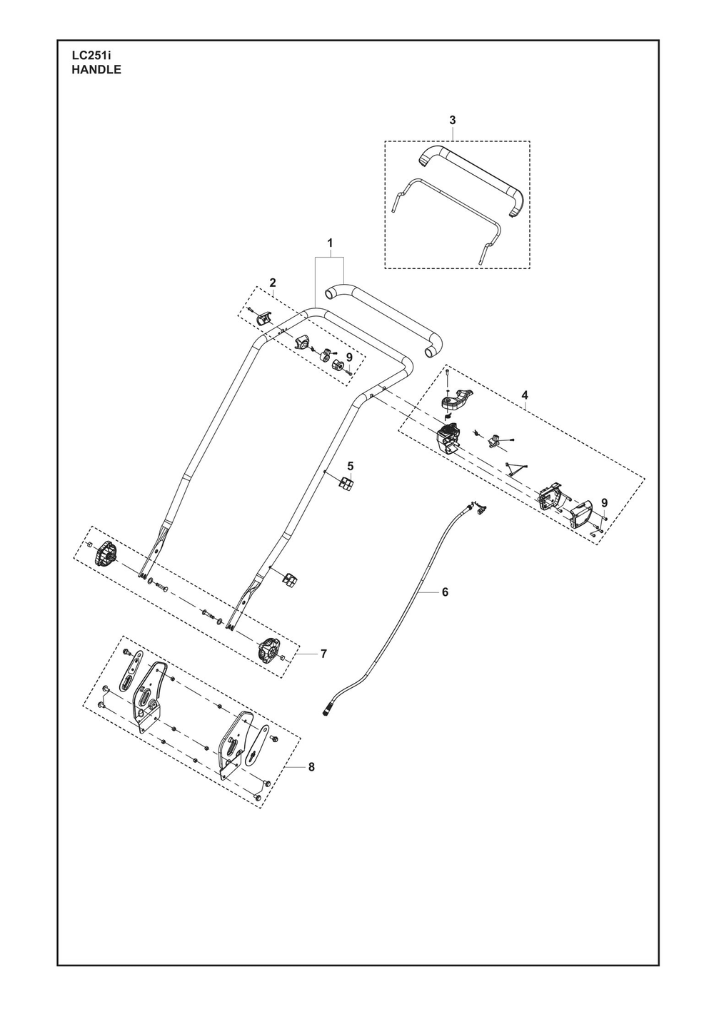 Handle Diagram and Parts List for LC251I  Husqvarna Lawn Mower