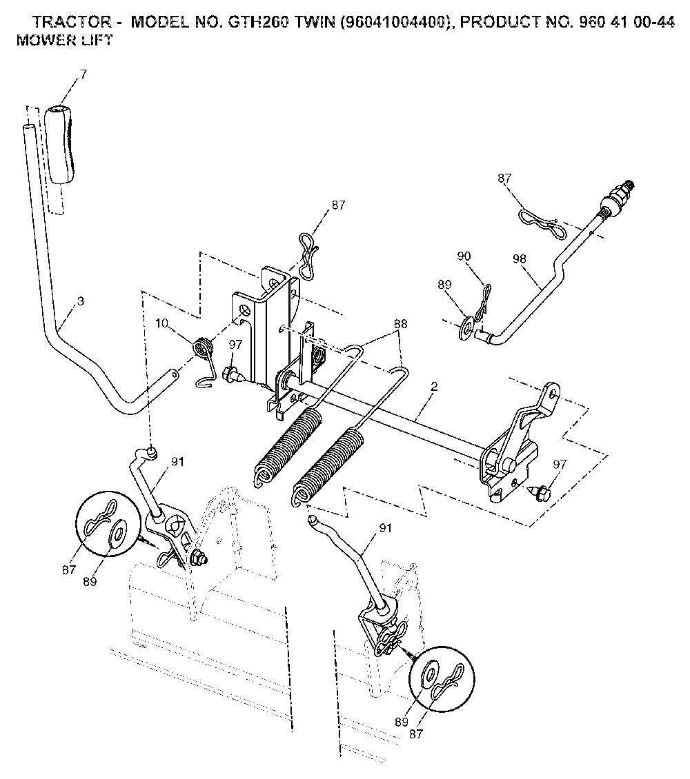 Mower Lift / Deck Lift Diagram and Parts List for GTH260TWIN (96041004400, 960410044)(2007-02) Husqvarna Lawn Tractor