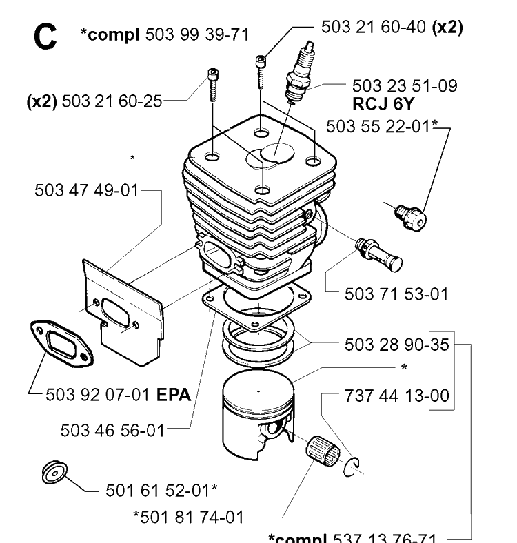 Cylinder Piston Diagram and Parts List for 395XP/ (XPG)(20010100001-20034000000) Husqvarna Chainsaw