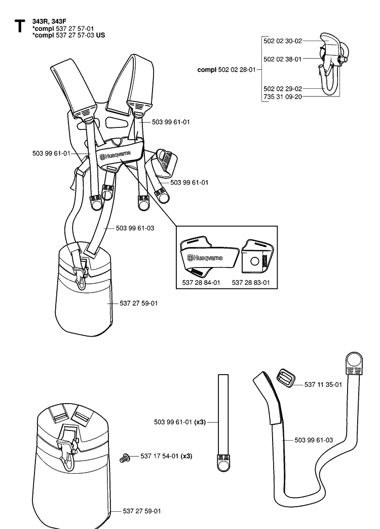 Harness Diagram and Parts List for 343R 20064000001-20103600000 Husqvarna Brush Cutter