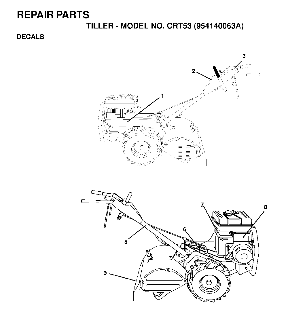 Decals Diagram and Parts List for CRT53 (954140063A)(1998-02) Husqvarna Tiller