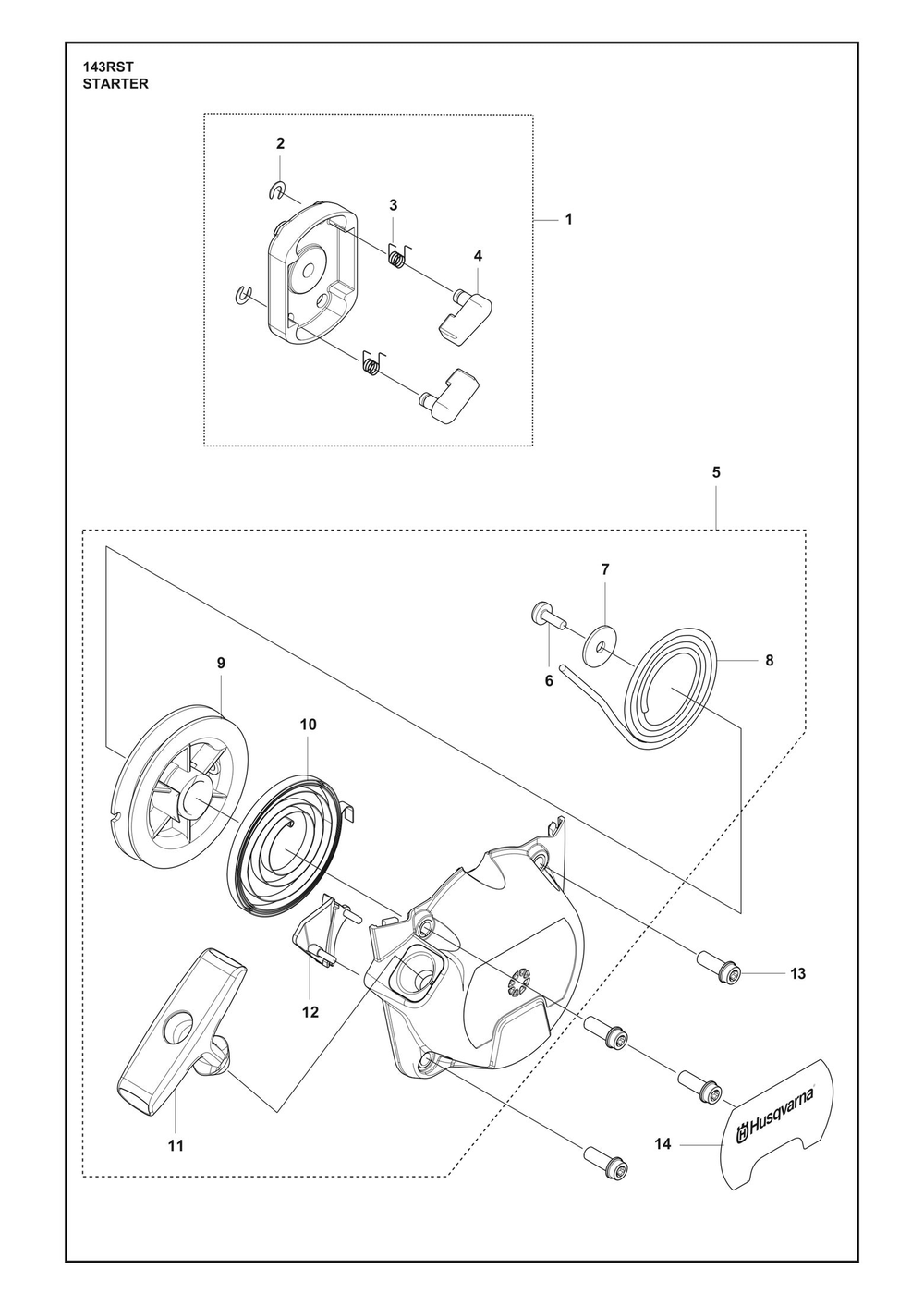 Starter Diagram and Parts List for 143RST  Husqvarna Brush Cutter