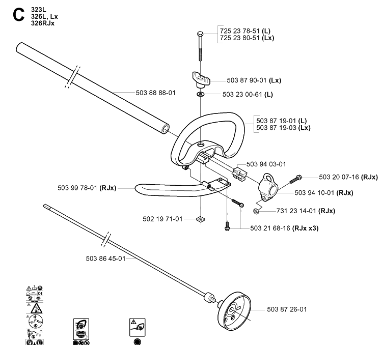 Shaft And Handle 3 Diagram and Parts List for 326LX 20061400001-20070100000 Husqvarna Edger