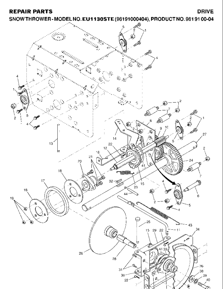Drive Diagram and Parts List for 1130STE (EI1130STE)(2007-01) Husqvarna Snow Blower