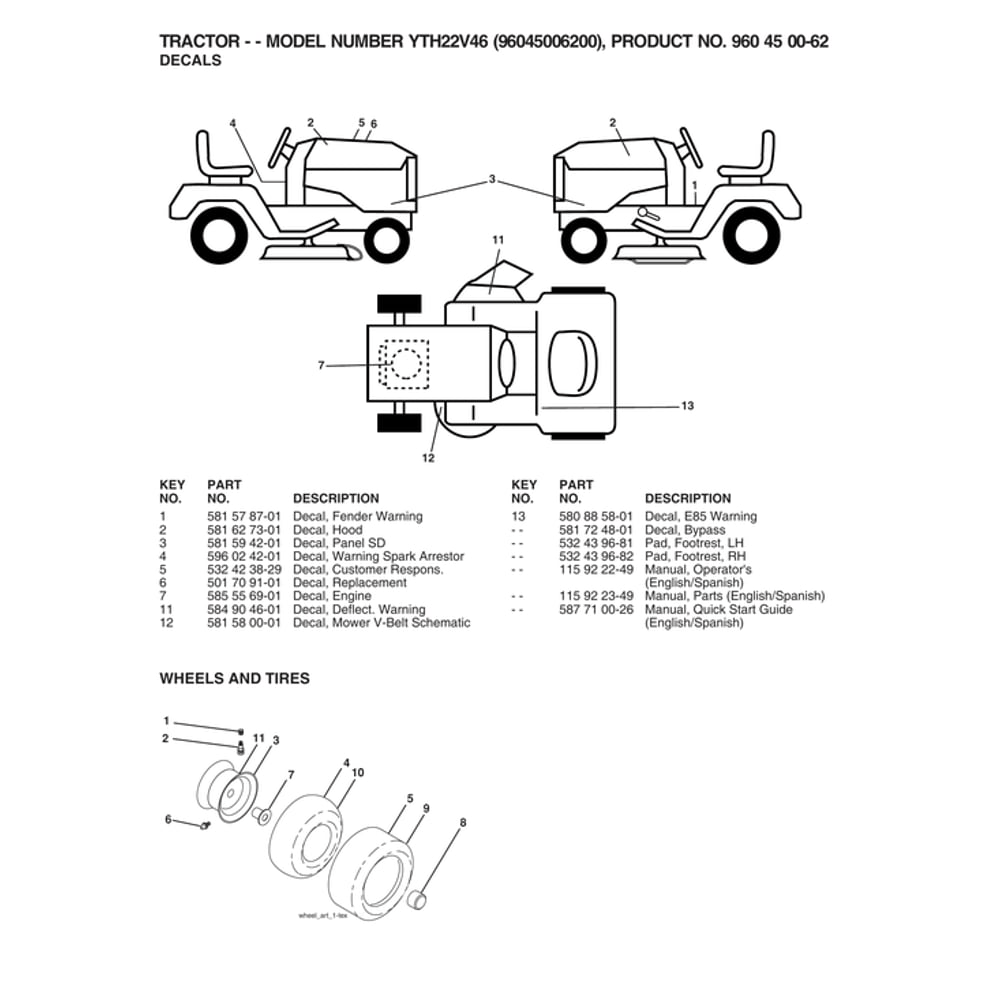Wheels & Tires Diagram and Parts List for 96045006200  Husqvarna Lawn Tractor