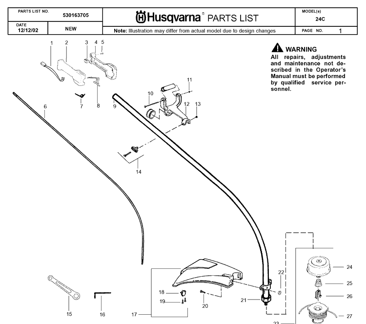 Shaft And Handle Diagram and Parts List for 24C 20030100001-20040100000 Husqvarna Edger