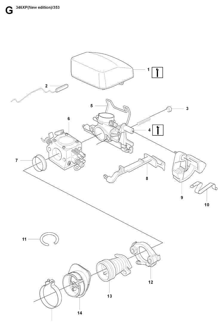 Carburetor And Air Filter Diagram and Parts List for 353 20071300001-20090400000 Husqvarna Chainsaw