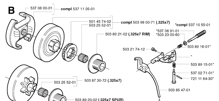 Clutch And Oil Pump Diagram and Parts List for 353 20023500001-20041000000 Husqvarna Chainsaw