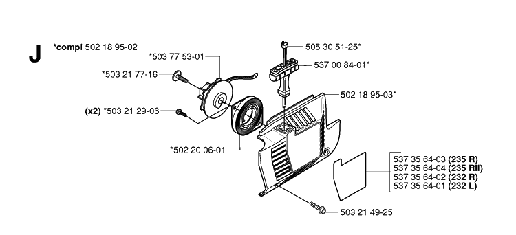 Starter Diagram and Parts List for 235R 20060100001-20061400000 Husqvarna Brush Cutter