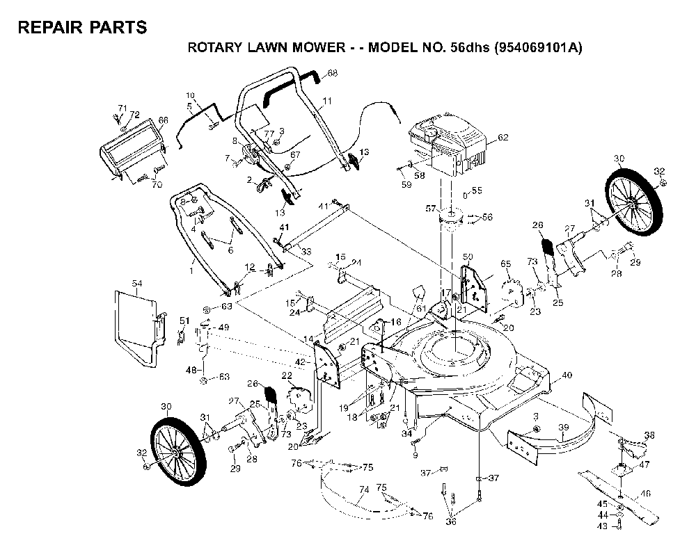 Repair Parts Diagram and Parts List for 56SFE (954065401C)(1995-04) Husqvarna Lawn Mower