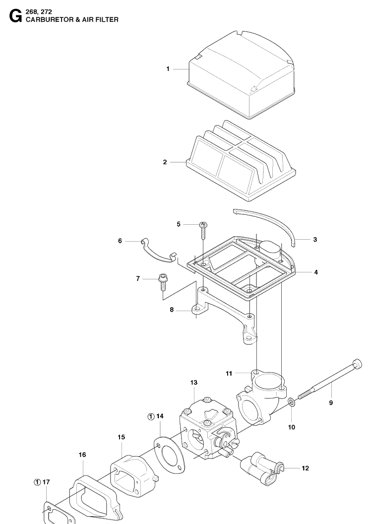 Carburetor And Air Filter Diagram and Parts List for 272XP 20091400001-20163200000 Husqvarna Chainsaw