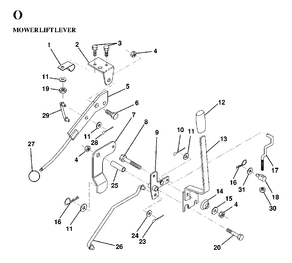 Mower Lift Lever Diagram and Parts List for LTH130 (HE13H36D, 954820001)(1997-03) Husqvarna Lawn Tractor