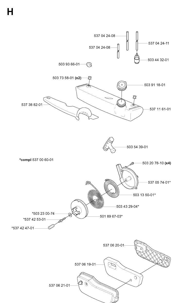 Fuel Tank, Starter And Air Filter Diagram and Parts List for 356BF 20044000001-20144899999 Husqvarna Leaf Blower / Vacuum