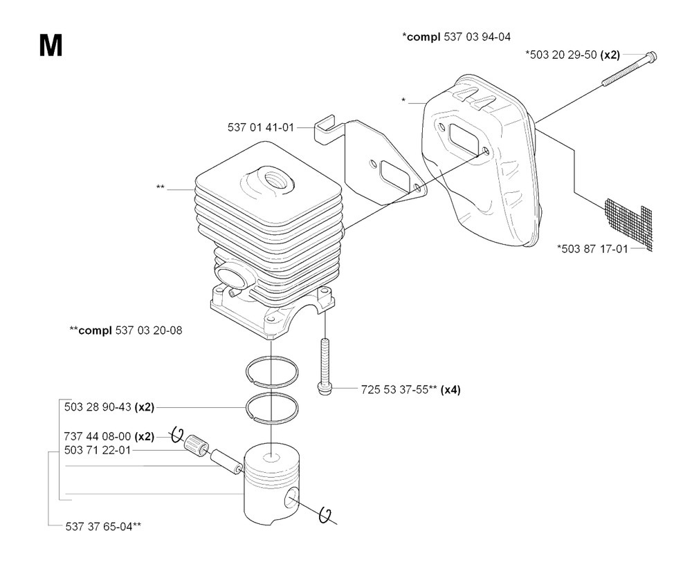 Cylinder, Piston And Muffler Diagram and Parts List for HA850 20090900001 & Above Husqvarna Trimmer