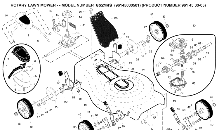 Drive Diagram and Parts List for 6521RS (961450005)(2007-05) Husqvarna Lawn Mower