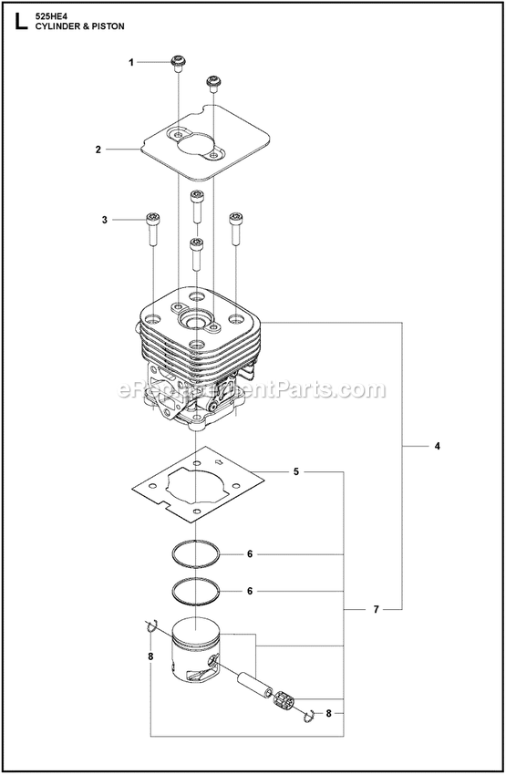 Cylinder Piston Diagram and Parts List for 525HE4  Husqvarna Trimmer